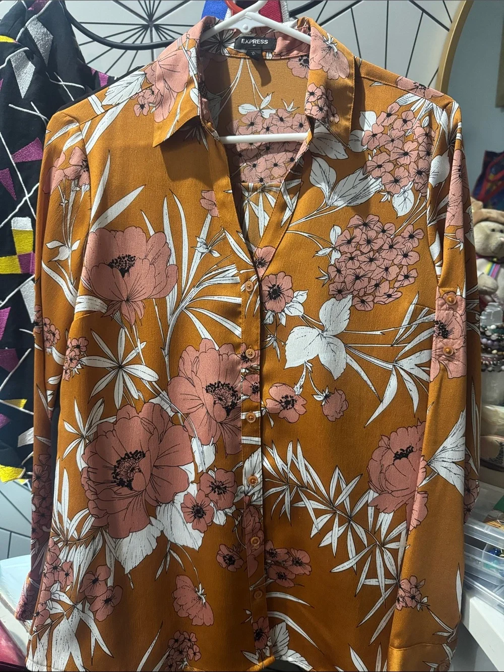 Express women’s Mustard Floral Button-Down Shirt with Pink and White Print Sz M